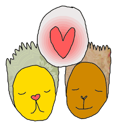 Three illustrated creatures with hearts above their heads, by Evie-Lola Minney