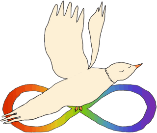 The Freedom Approach logo, a cream dove in flight over a rainbow infinity loop