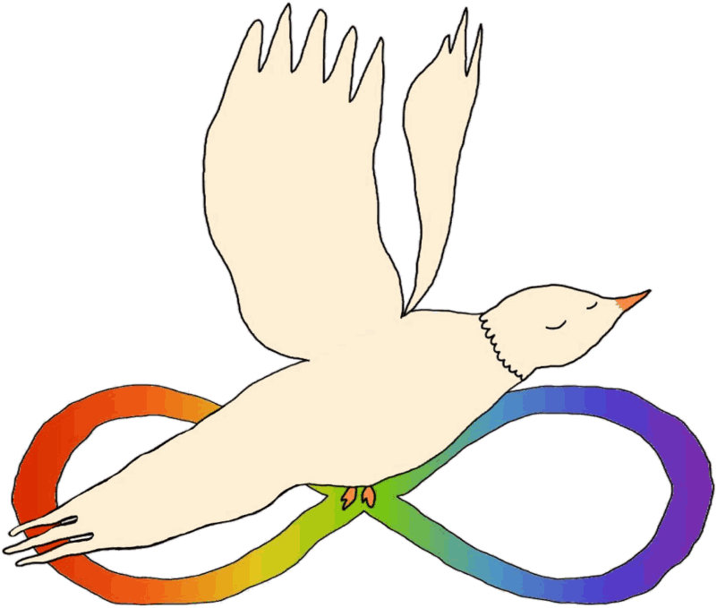 The Freedom Approach mark: a cream dove flying over an infinity loop coloured red through to violet
